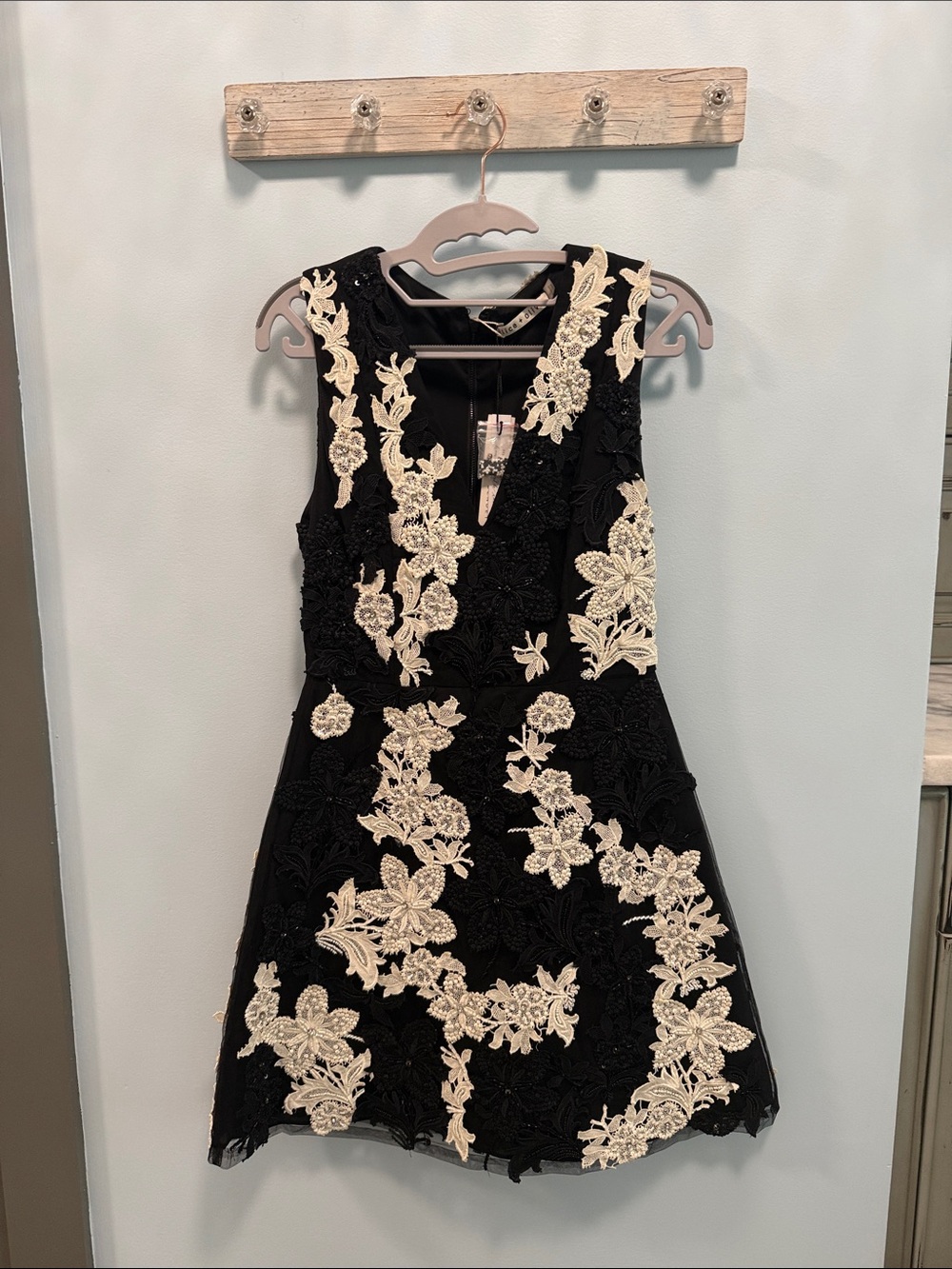 Alice + Olivia Black Mini Dress with Cream Floral Appliqué